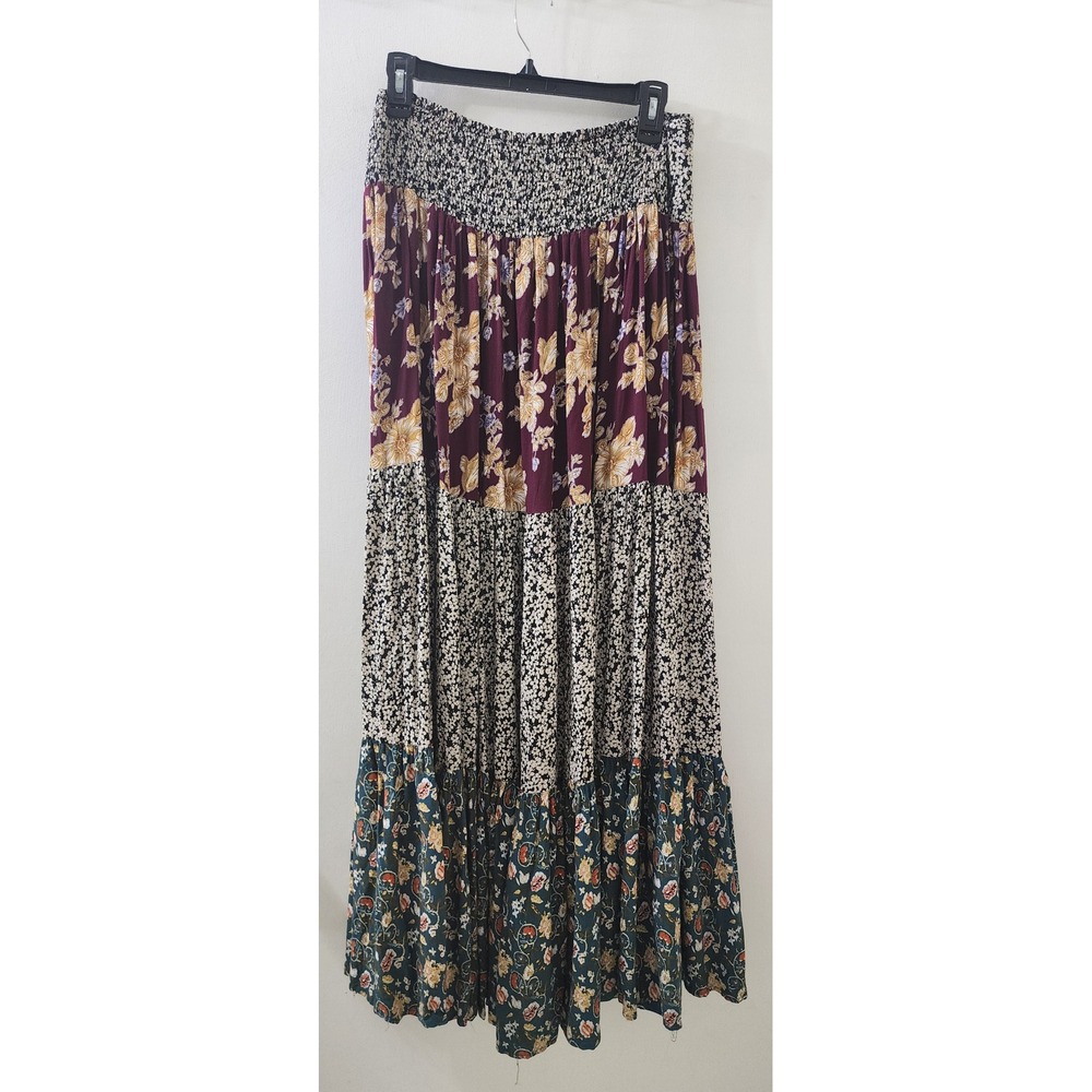 Natural Life Mixed Floral Tiered Maxi Skirt Boho Smocked Rayon Burgundy Medium - Picture 6 of 7